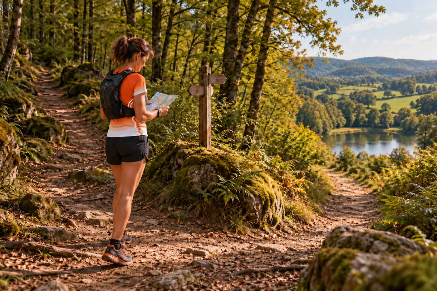 Un coureur prépare sa boucle sur un chemin forestier
