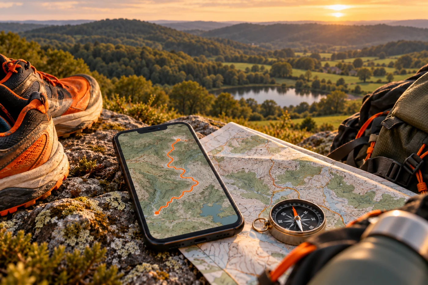 Carte, téléphone et boussole pour préparer son parcours