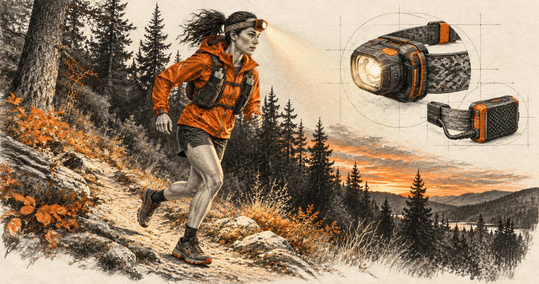 Une frontale réglée pour lire le terrain devant soi.